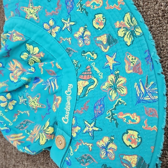 Disney Cruise Line Castaway Cay Adult Sun Hat Teal Oversized Hibiscus Shells - Picture 2 of 6